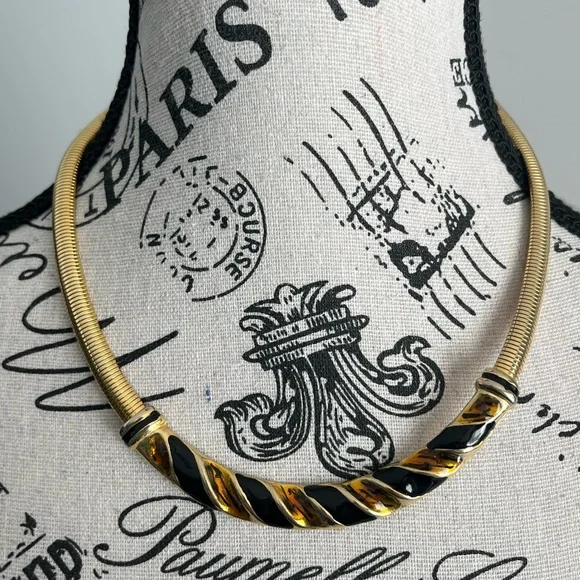 Vintage 80s Gold Tone Black Enamel snake Collar Necklace Statement Choker - Picture 1 of 3